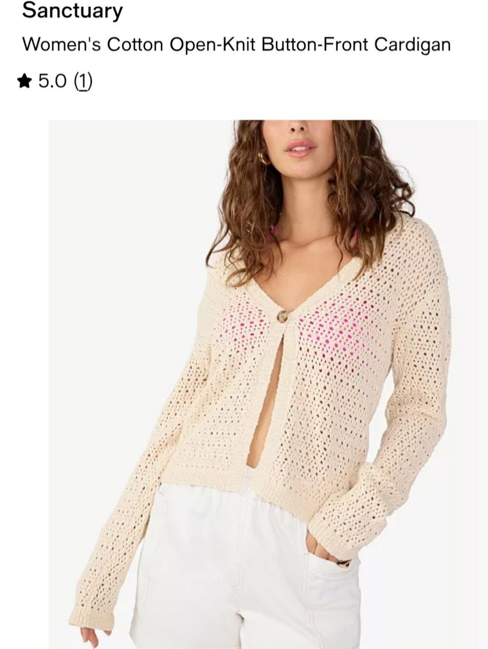Sanctuary Cream Open-Knit 100% Cotton  1 Button-Front Cardigan Small NEW